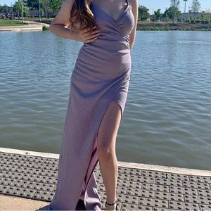 Light purple floor length prom dress.